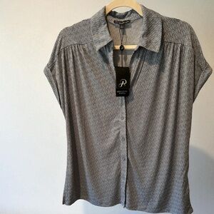 Adrianna Papell Gray/Blue toned Geometric Button Up Blouse